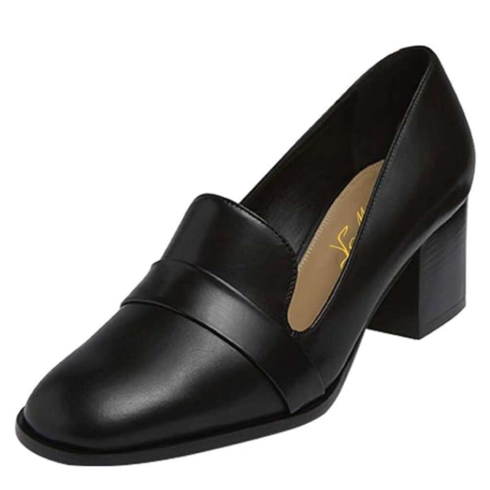 FOWT Women's Loafer Slip Ons Closed Round Toe Block Chunky Heels Black Shoes
